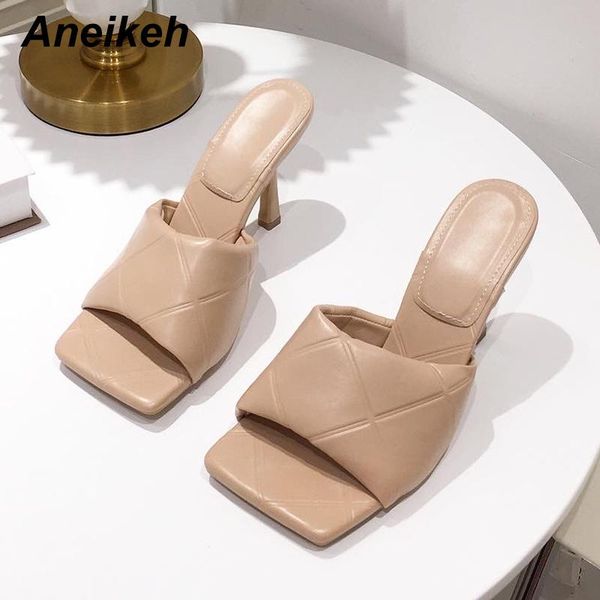 

aneikeh 2021 women shoes slides summer solid pleated outside thin heels pu square toe green size 35-41 fashion party slippers, Black