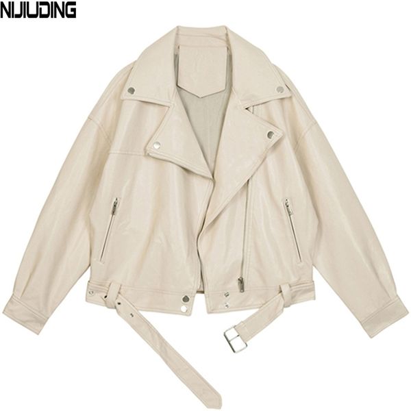 Mulher Faux Leather Winter Vintage Branco Desligado Collar Manga Longa Locomotiva Curta Jackets PU Feminino 210514