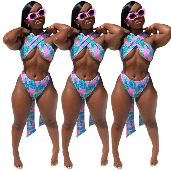 

women's swimwear ummer ladies nightclub fashion pineapple print strap split swimsuit suit, White;black