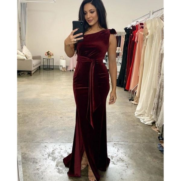 

2019 burgundy velvet evening dresses one shoulder side split mermaid floor length formal occasion prom dresses custom made vestidos de fiest, Black