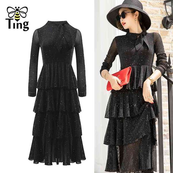 

spring vintage bow neck black layered ruffles midi glitter party dresses women elegant office work dress casual vestidos 210513, Black;gray