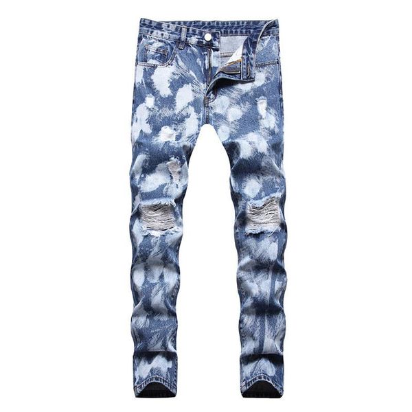 

men's jeans kiovno men high street ripped hip hop pleated streetwear denim trousers for male pants washed, Blue