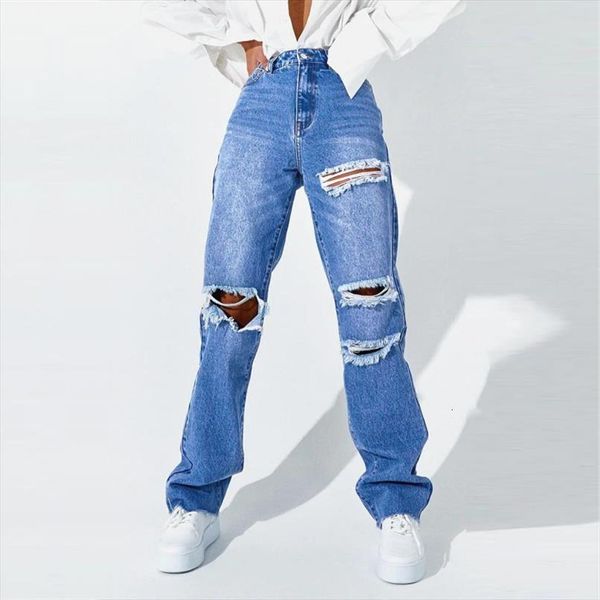 

blue mom high waist womens jean fashion loose trousers arrival ripped hole hollow street style hip hop denim pants