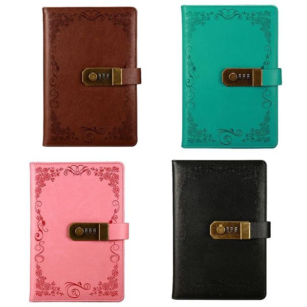 

diary with lock notebook a5 vintage lockable paper pu leather note book traveler journal weekly planner school stationery gift notepads, Purple;pink