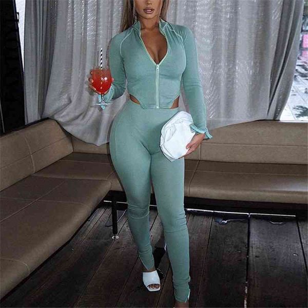 

fantoye zipper stand collar two piece set casual irregular long sleeves and pants set female solid skinny women's tracksuit 210331, Gray