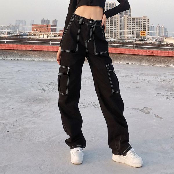 

women's jeans stitching cargo woman high waist pocket straight-leg utility jean y2k e-girl aesthetic clothes, Blue