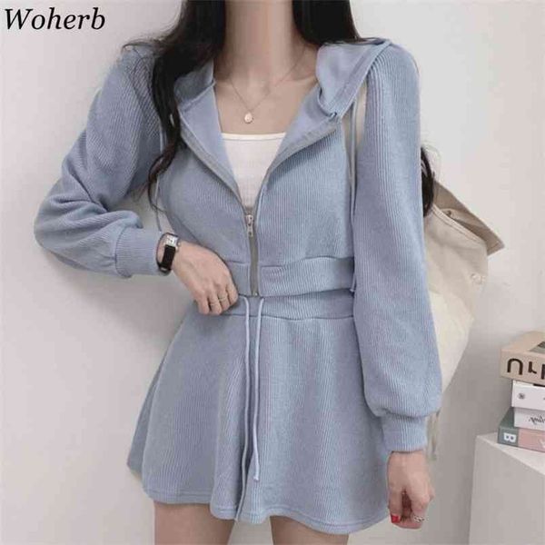 

fashion suit 2 piece set women hoodied zipper sweatshirt high waist mini skirt femme roupas korean casual trcksuit 210519, White