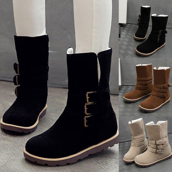 Womens Womens Botas de inverno Dois desgaste de pele quente rebanho neve bota moda conforto plataforma fivelas sapatos mulher pelúcia