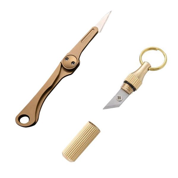 

outdoor gadgets 2pcs mini foldable box cutter sharp scalpel self defense key knives (golden)