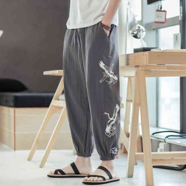 

men's pants cotton linen men wid leg embroidery harem mens ankle-length big size jogging trousers male streetwear 5xl f2ln, Black