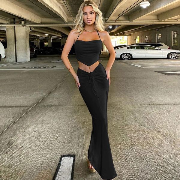 

women's swimwear women two-piece clothes set solid color boat neck camisole and split skirt white/ black