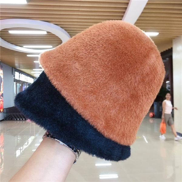 

wide brim hats 2021 hat winter women's fashion solid color imitation mink bucket cap fisherman's retro knitted basin, Blue;gray