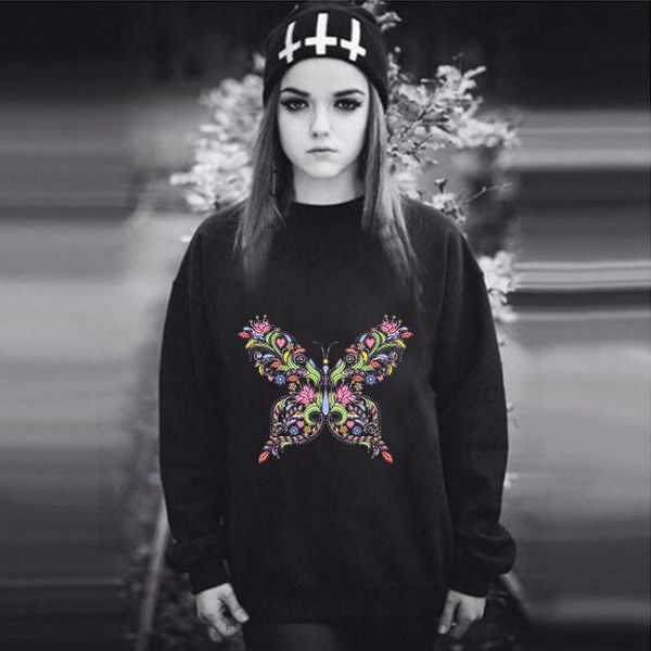

women's hoodies & sweatshirts women hoodie colorful butterfly printed fleece long sleeve o neck loose sweatshirt girls pullovers autumn, Black