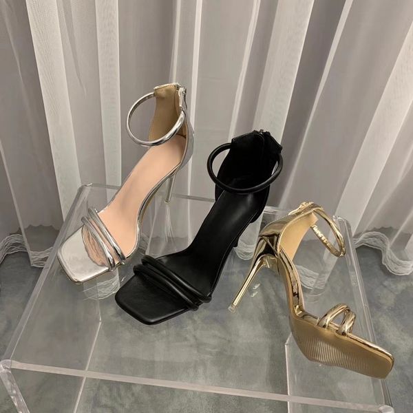 

fashion women sandals open toe narrow band ankle strap back zip black/silver/gold fashion sandals slides party pumps size 35-39 210513