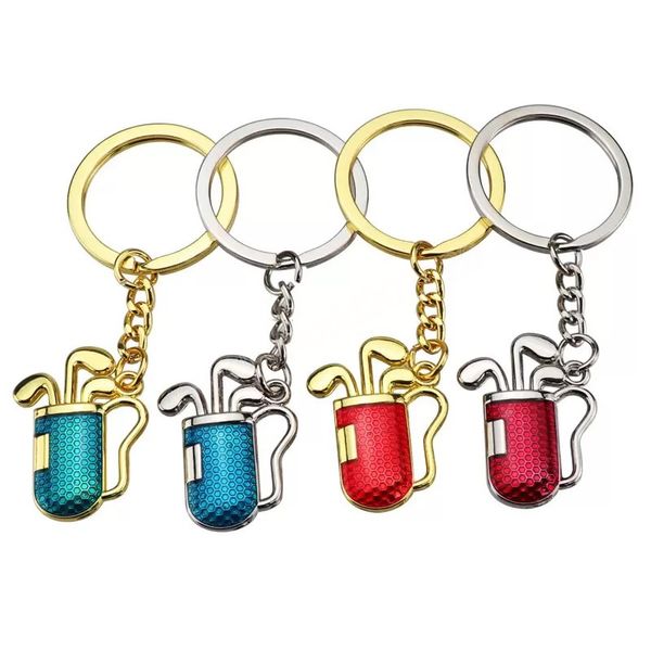 

gold golf club key ring red metal golf bag keychain hangings women men fashion jewelry, Slivery;golden