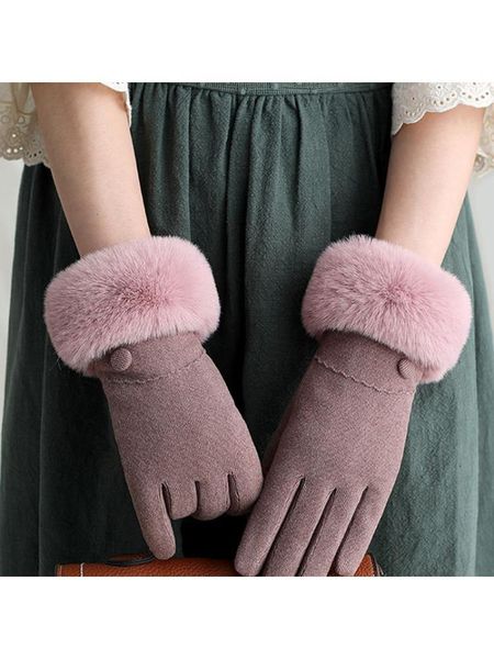 

five fingers gloves korean women outdoor driving full finger elegant solid color button decor thicken plush lined winter touch screen mitten, Blue;gray