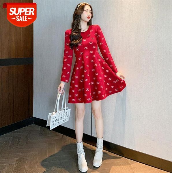 

french niche sweet skirt temperament round neck slim long-sleeved knitted dress women #1i3x, Black;gray