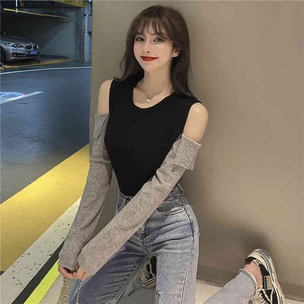 

autumn and winter temperament young lady strapless stitching contrast color slimming sweater women knit bottoming shirt 210412, White;black
