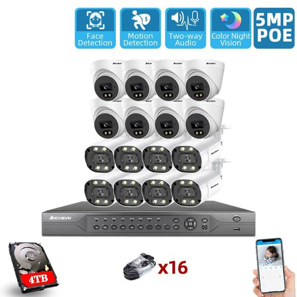 

h.265+ 16ch 5mp poe nvr kit hd color night vision cctv security camera system two way audio video surveillance set wireless kits