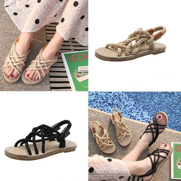 

sandals rope women summer platform flat slipper lady colorful for girls, Black