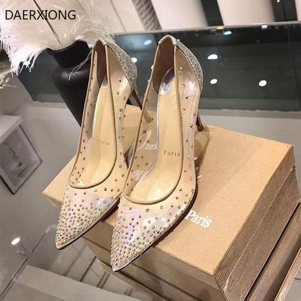 

dress shoes brand women's net yarn flashing diamond stiletto 2021 breathable pointed heels right, Black