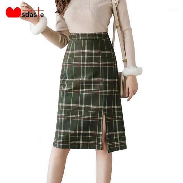 

skirts spring medium length women korean style fashion lady plaid autumn winter wear high waist woolen skirt1 apim, Black