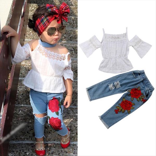

2pcs toddler kids girls clothes strapless shoulder lace flower denim pants outfits clothing set 1 6t, White