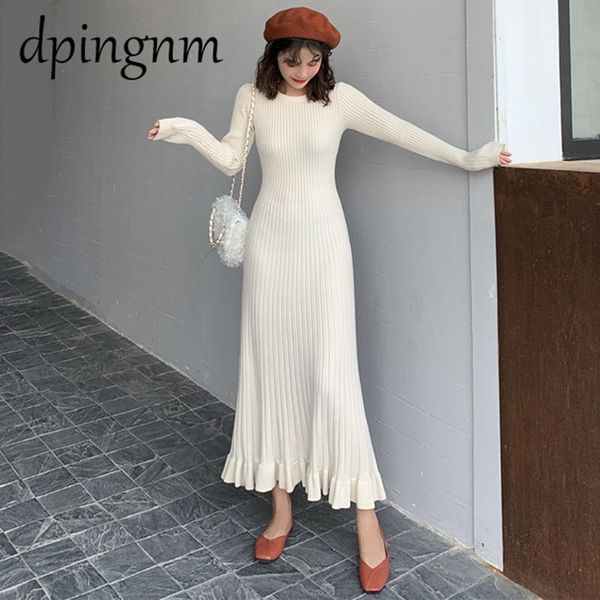 

casual dresses 2021 autumn winter thick sweater dress women o-neck long elegant female a-line slim knit, Black;gray