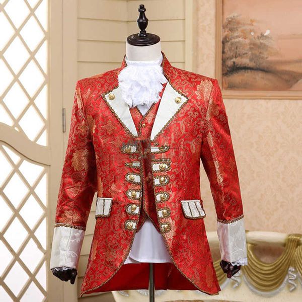 LUXURY RED ricamo tuxede vestito da uomo Nightclub 3 pezzo tuta (giacca + gilet + pantaloni) palcoscenico Prom wedding groom cantante costume homme x0909