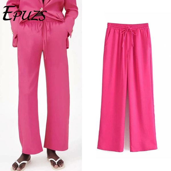 

women's pants & capris za woman 2021 rose red elastic high waisted trousers suits women summer chic loose pocket straight, Black;white