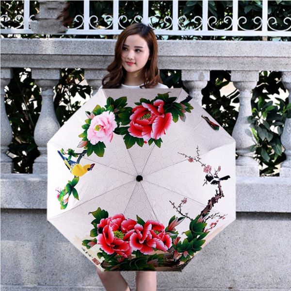 Girls Presente 3 Dobra chuva guarda-chuva à prova de vento parasol mulheres dobrável flor proteção uv verão guarda-sóis