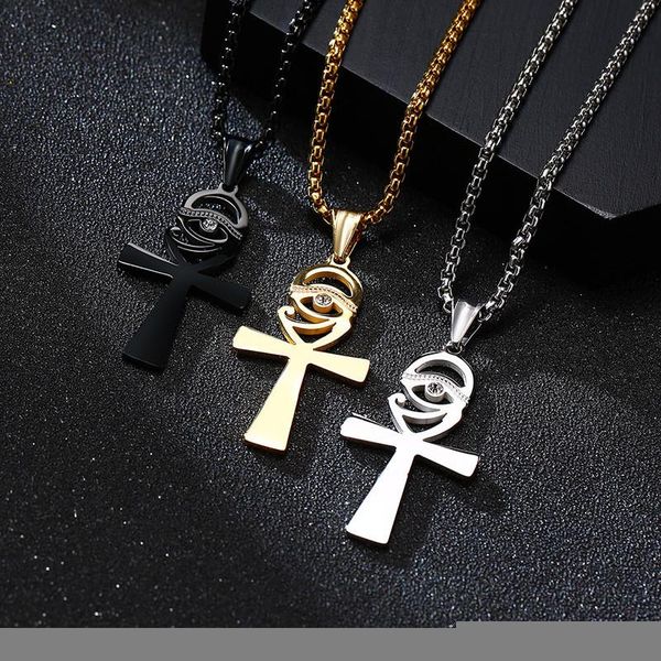 

pendant necklaces punk balck color stainless steel cross religious necklace for men male zircon jewelry with 60cm chain n027, Silver