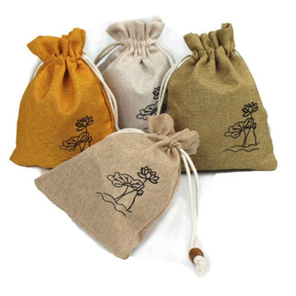 

storage bags chinese style retro lotus linen fabric jute gift pouch package jewelry drawstring sundries organizer