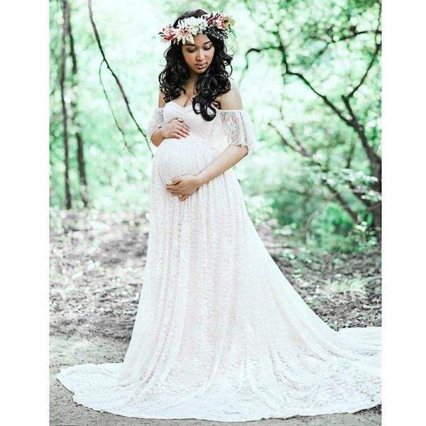

women's maternity dresses off shoulder lace solid long dress sleeves pography props wedding po 2021, White