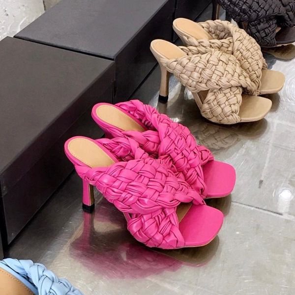 

women sandals peep toe high heels mullers plaited leather square head gladiator stilettos 2021 pre-fall collection slippers, Black