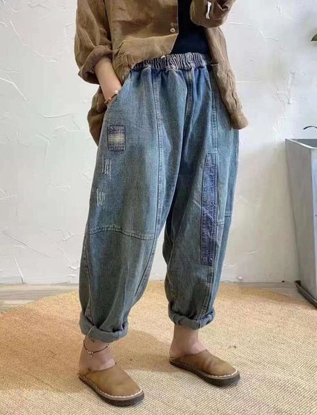 

autumn women's stickers elastic waist loose light wash personalized casual pants, Blue