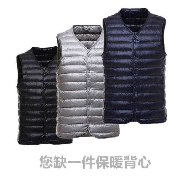 

2021 autumn and winter men's down vest light short v-neck waistcoat collarless casual et, Black;white