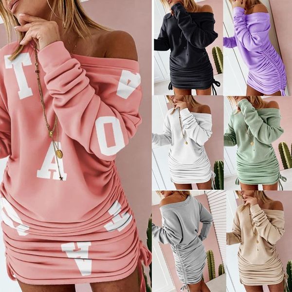 

women's dresses 2021 drawstring pleated long sleeve 2901, Black;gray