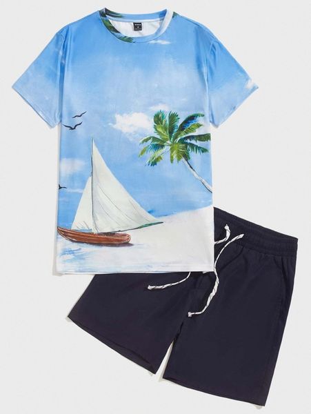 

men graphic & palm tree print tee & shorts set g9yi#, Gray