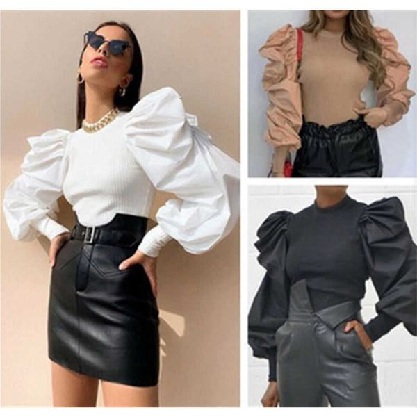 

women's t-shirt ladies puff fashion trend long sleeve round neck tees designer female spring casual slim ts sp91, White