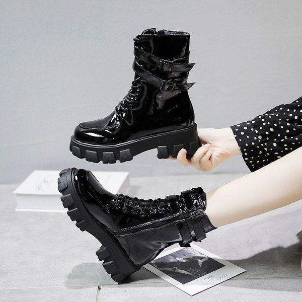 

boots 2021 short street style thin thick-soled bright leather shoes patent, Black
