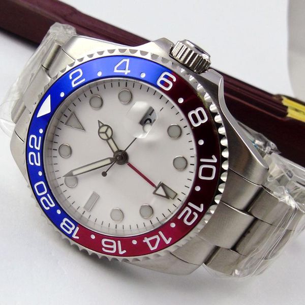 

wristwatches 40mm white sterile dial sapphire glass date luminous red blue bezel steel deployment bracelet gmt automatic movement men's, Slivery;brown