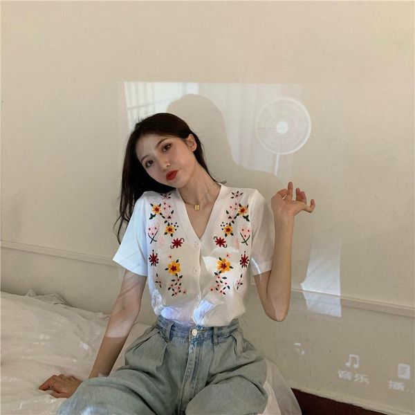 

women's t-shirt women 2021 summer embroidery t-shirts female v-neck knitting crop ladies short sleeve casual fashion chic t124, White