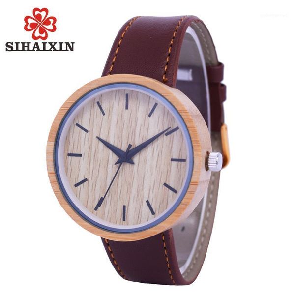 

wristwatches sihaixin mens casual antique round bamboo wood watch with leather strap watches soft natural, Slivery;brown
