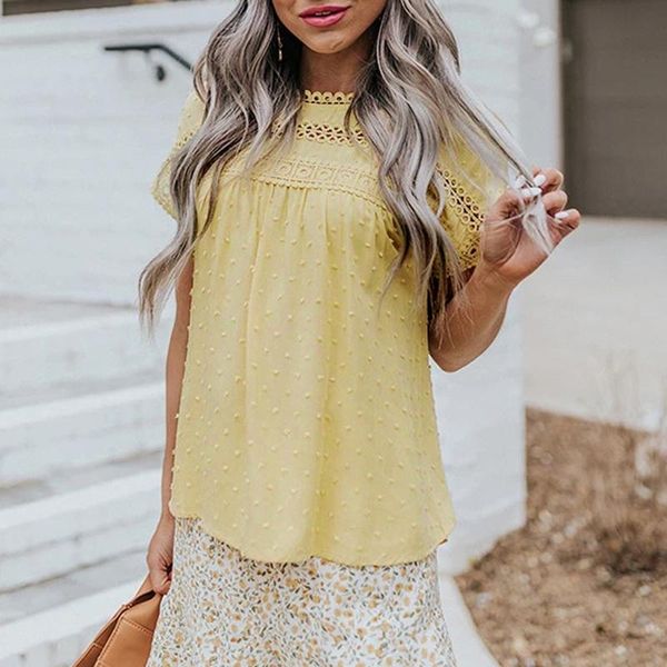 

women's t-shirt solid color polka dot hollow out lace loose o-neck short sleeve harajuku summer kawaii sweet t shirt, White