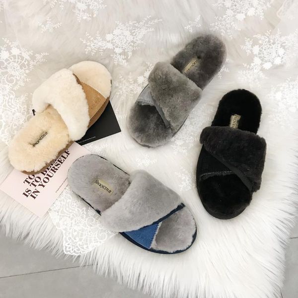 

slippers the fur-integrated natural shearing fur home warm casual v-type wear comfort, Black