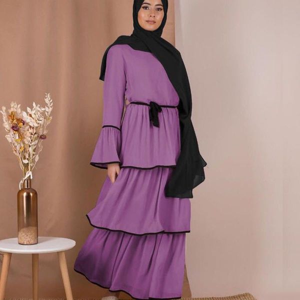 

ethnic clothing abaya dubai turkey muslim dress kaftan caftan chiffon islamic for women musulmane ramadan layered round neck robe, Red