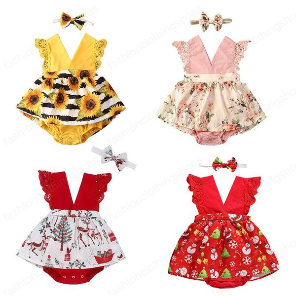 bambini Pagliaccetti ragazze Natale alce cervo pupazzo di neve girasole Pagliaccetto manica pizzo floreale bambino neonato Babbo Natale Tute + Fascia per capelli estate abbigliamento bambino