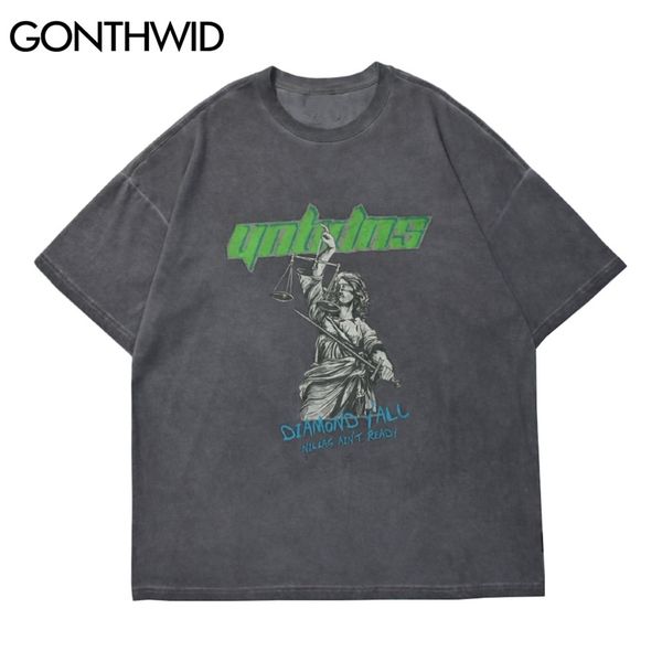 

t-shirts streetwear harajuku casual men statue print cotton short sleeve tees distressed gothic punk rock hip hop 210602, White;black