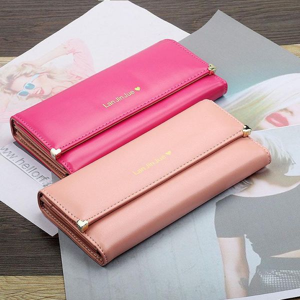

wallets 2021 fashion ladies wallet locks pu leather long three-fold bag large capacity multi-card female, Red;black